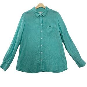 Foxcroft Linen Shirt Womens 14 Aqua Blue Capsule Office Career Beachy Coastal